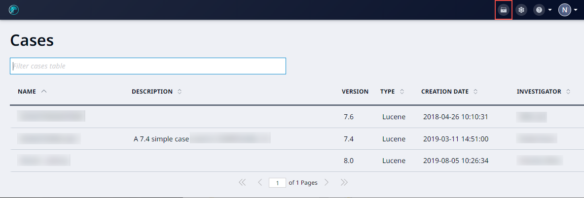 Cases table showing name, description, version, type, creation date and investigator.